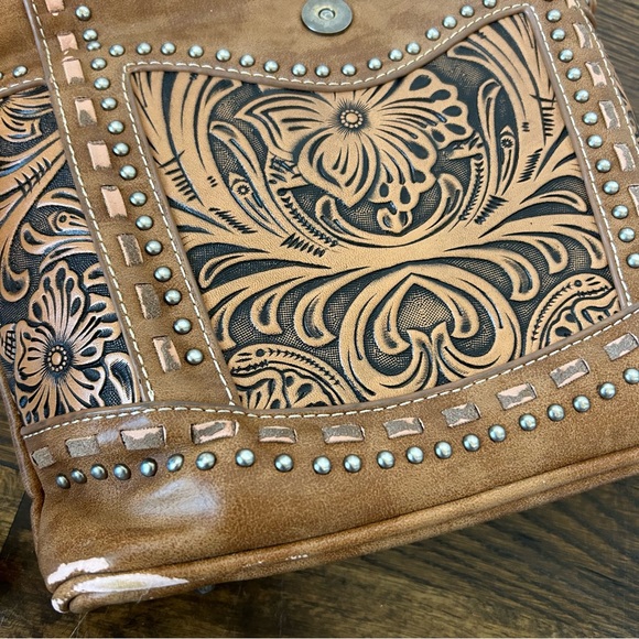 Trinity Ranch Montana West Brown Tooled Studded Design Western Crossbody Bag - Picture 8 of 14